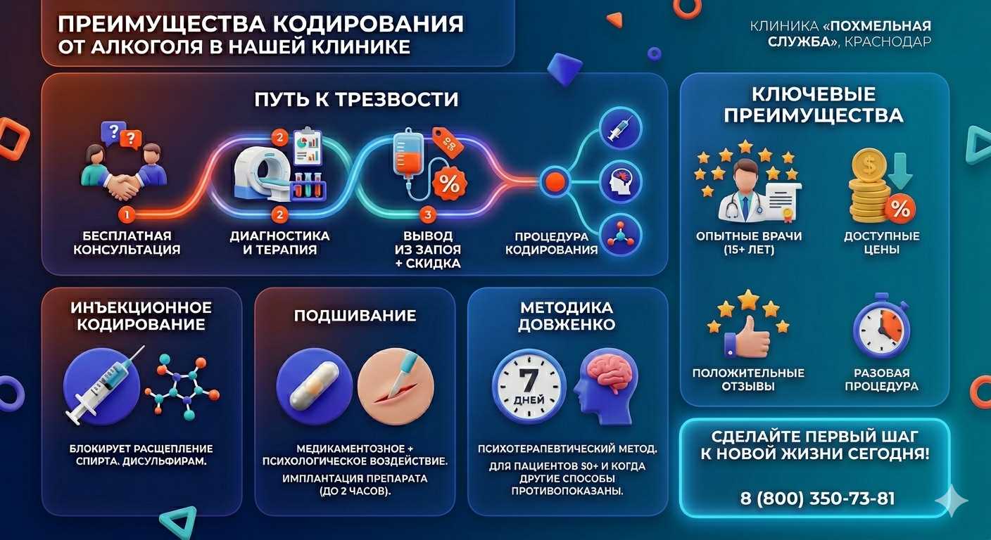 Инфографика о методах кодирования от алкоголя в Щёкино: инъекции, подшивание, метод Довженко. Преимущества клиники и этапы лечения.
